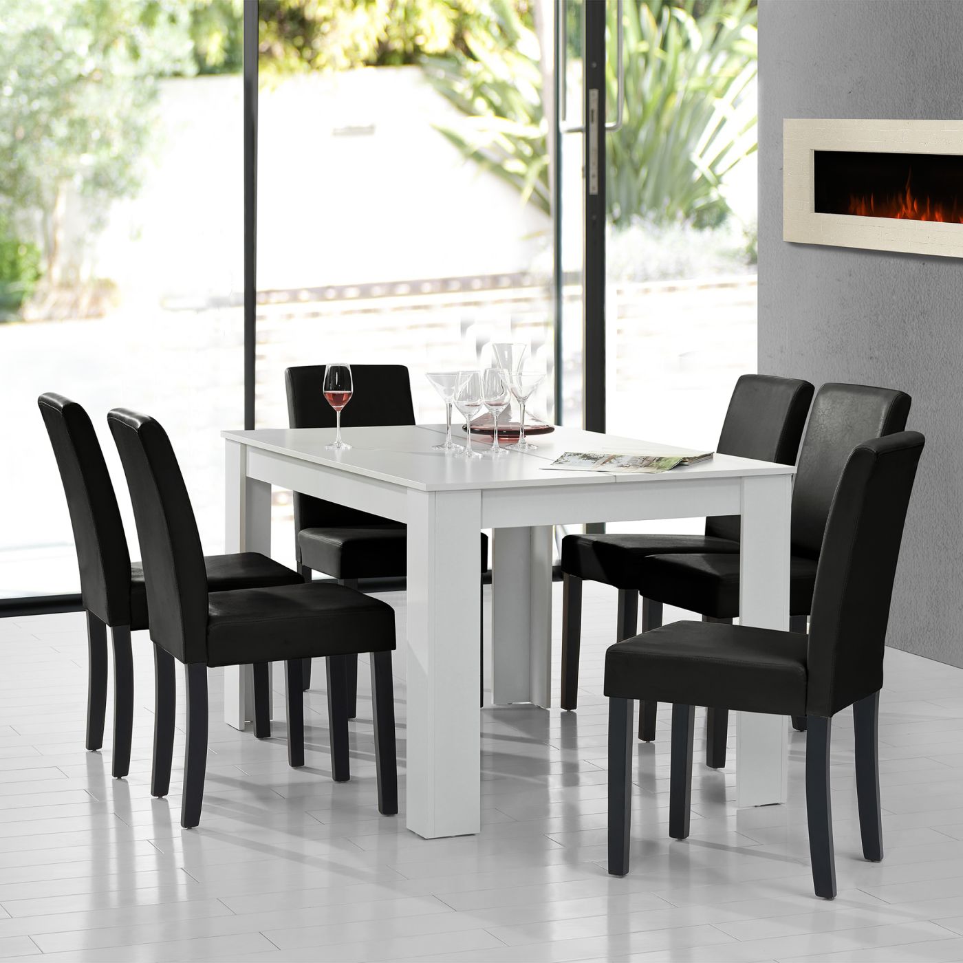 Table à manger blanc mat 140 x 90 cm avec 6 chaises noir [en.casa]