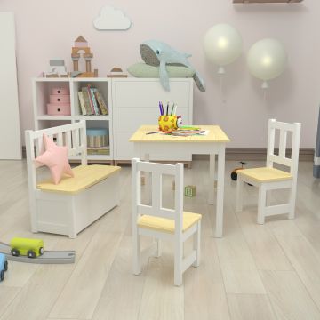 Set de meubles d'enfant Lousame table avec 2 chaises et banc rabattable naturel blanc [en.casa]
