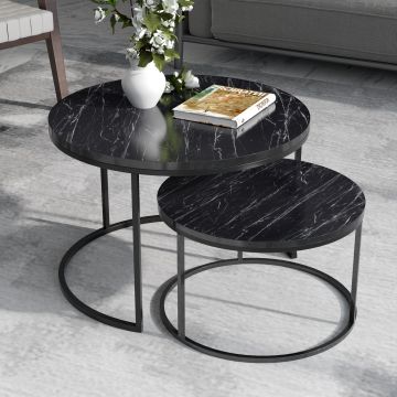 Set de 2 tables d'appoint Skagen rondes gigognes marbre noir [en.casa] *82313433*