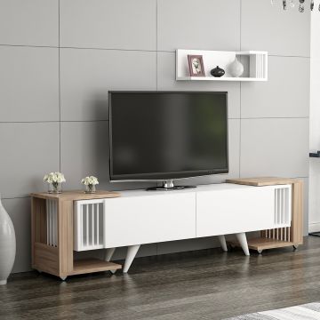 Meuble TV Glostrup avec 2 tables d'appoint et une étagère murale effet chêne / blanc [en.casa]