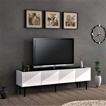 Meuble TV Oppdal à 2 portes avec espace de rangement 45 x 154 x 37 cm blanc / marbre noir [en.casa]