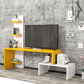 Meuble TV Hörby avec 5 étagères panneau de particules 124 x 32 x 100 cm jaune blanc [en.casa]