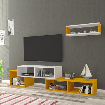 Set de meuble TV et étagère murale Malvik panneau de particules 170 x 30 x 42 cm blanc jaune [en.casa]