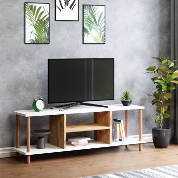 Meuble TV Ærøskøbing avec espace de rangement 43 x 120 x 29 cm blanc / effet bois [en.casa]