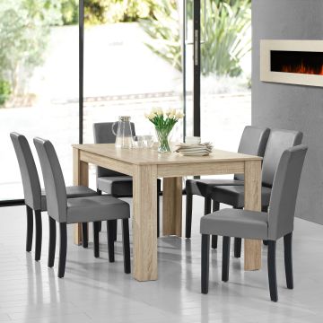 Table à manger chêne brilliant avec 6 chaises gris brilliant 140 x 90 cm [en.casa]