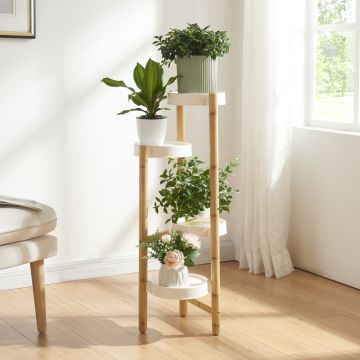 Étagère à plantes Sastamala à 4 niveaux bambou plastique 85 x 32 x 32 cm naturel blanc [en.casa]