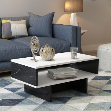 Table basse Mjölby avec espace de rangement 37 x 80 x 45 cm blanc / marbre noir [en.casa]
