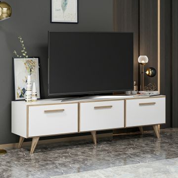 Meuble TV Brønderslev à 3 portes 45 x 160 x 37 cm blanc / effet bois [en.casa]
