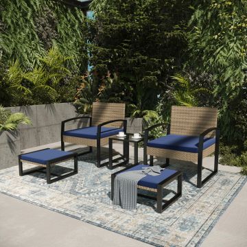 Salon de jardin 5 pièces Calvello avec table 2 chaises 2 repose-pieds aspect rotin bleu marine noir casa.pro