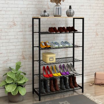 Étagère à chaussures Hvidebæk à 5 niveaux à grille 116 x 73 x 30 cm noir effet bois [en.casa]