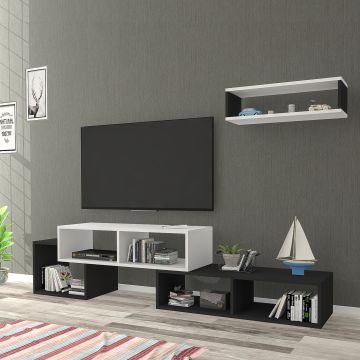Set de meuble TV et étagère murale Malvik panneau de particules 170 x 30 x 42 cm blanc noir [en.casa]