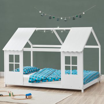 Lit cabane Tostedt pour enfant forme maison bois de pin 120 x 200 cm blanc [en.casa]