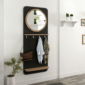 Portemanteau Helsinge avec miroir et espace de stockage 150 x 60 x 15 cm noir mat / effet bois [en.casa]