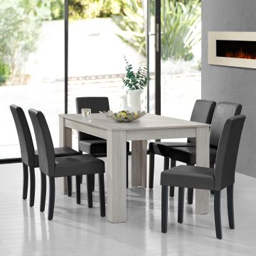 Table à manger chêne blanc 140 x 90 cm avec 6 chaises gris foncé [en.casa]