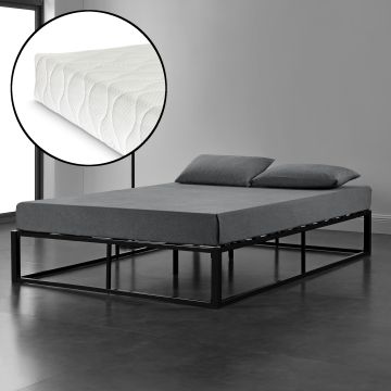 Cadre de lit double Kreta avec Matelas en Métal 180 x 200 cm Noir [en.casa]