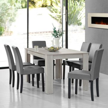 Table à manger chêne blanc 140 x 90 cm avec 6 chaises gris brilliant [en.casa]