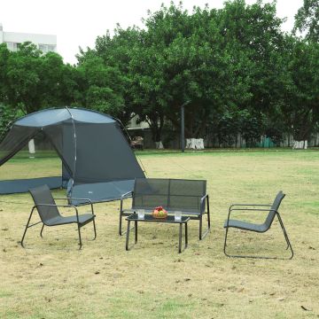 Ensemble de meubles de jardin 4 pièces Anzi table basse banc et 2 chaises acier verre trempé de 5 mm textilène noir casa.pro