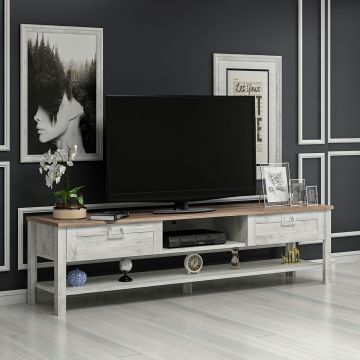 Meuble TV Hashøj à portes 42 x 161 x 35,5 cm blanc patiné / effet chêne [en.casa]