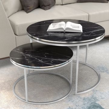 Set de 2 tables d'appoint Skagen rondes gigognes marbre noir argent [en.casa]