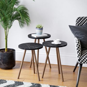 Set de 3 tables d'appoint Hjørring rondes trépied marbre noir [en.casa]