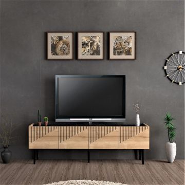 Meuble TV Oppdal à 2 portes avec espace de rangement 45 x 154 x 37 cm effet chêne / marbre noir [en.casa]