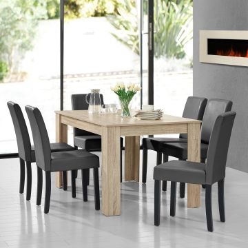 Table à manger chêne brilliant 140 x 90 cm avec 6 chaises gris foncé [en.casa]