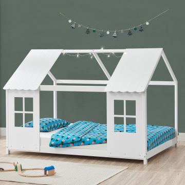 Lit cabane Tostedt pour enfant forme maison bois de pin 90 x 200 cm blanc [en.casa]