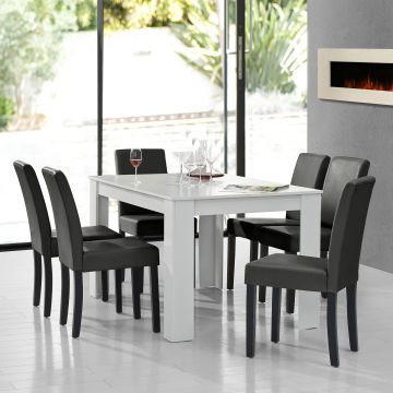 Table à manger blanc mat 140 x 90 cm avec 6 chaises gris foncé [en.casa]
