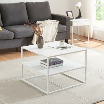 Table basse Solund avec plateau carré et étagère acier 60 x 60 x 45 cm blanc mat [en.casa]