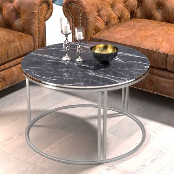 Table basse Aulum ronde 50 x 80 cm marbre noir argent [en.casa]